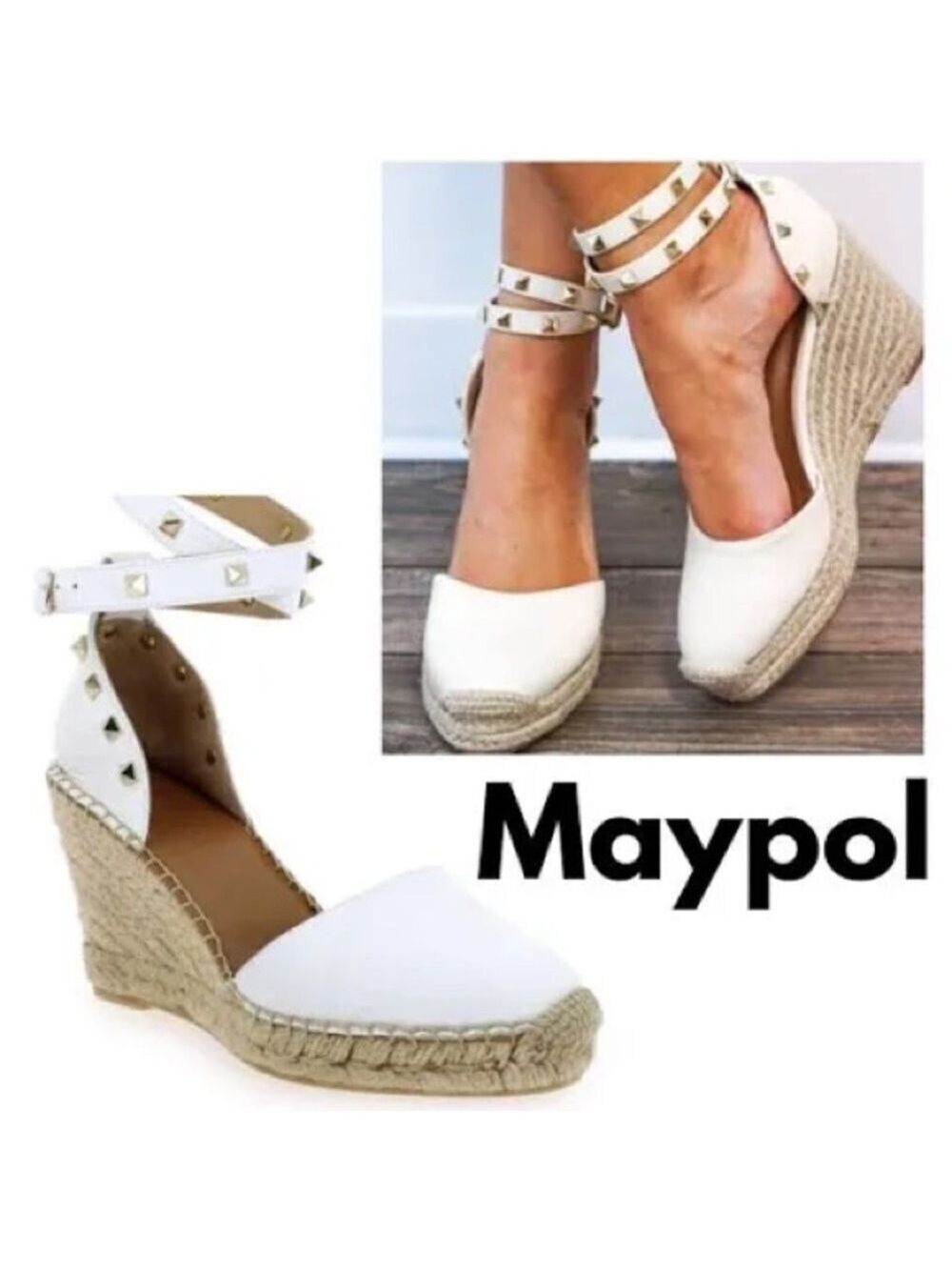 Anthropologie Maypol White Studded Ankle-Strap Wedge Espadrilles Sz 9M